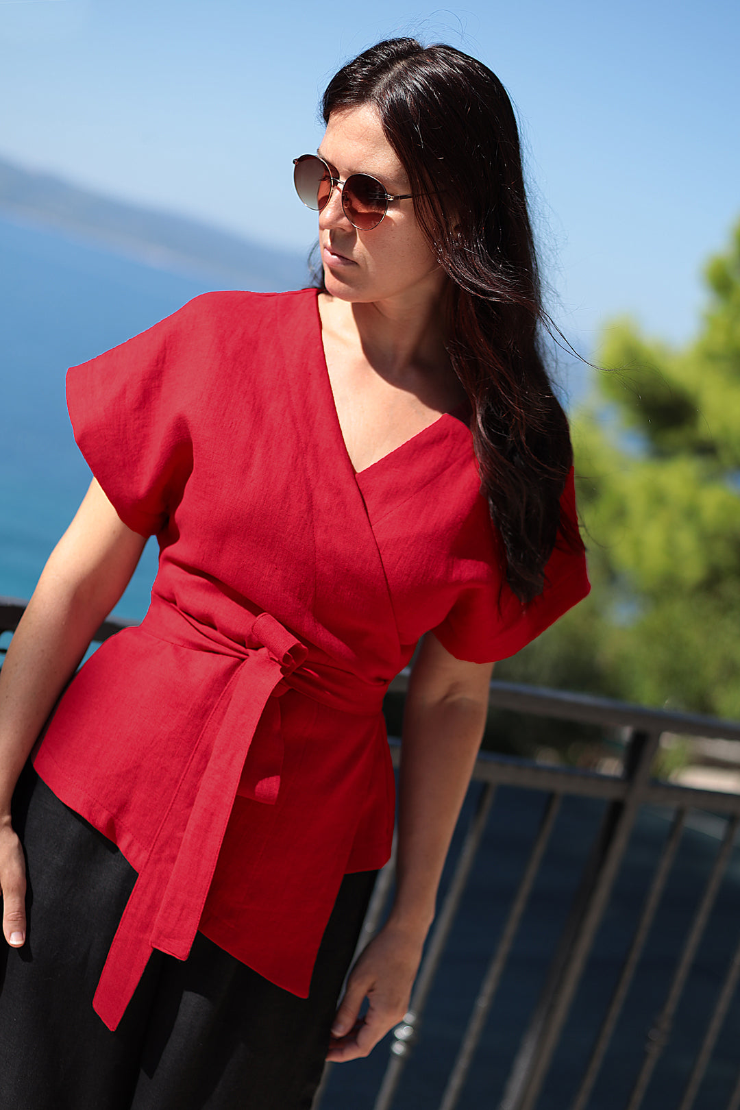 Linen wrap blouse with belt