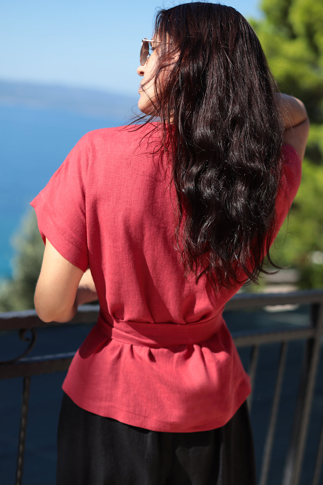 Linen wrap blouse with belt
