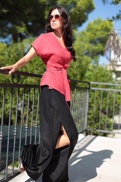 Linen wrap blouse with belt