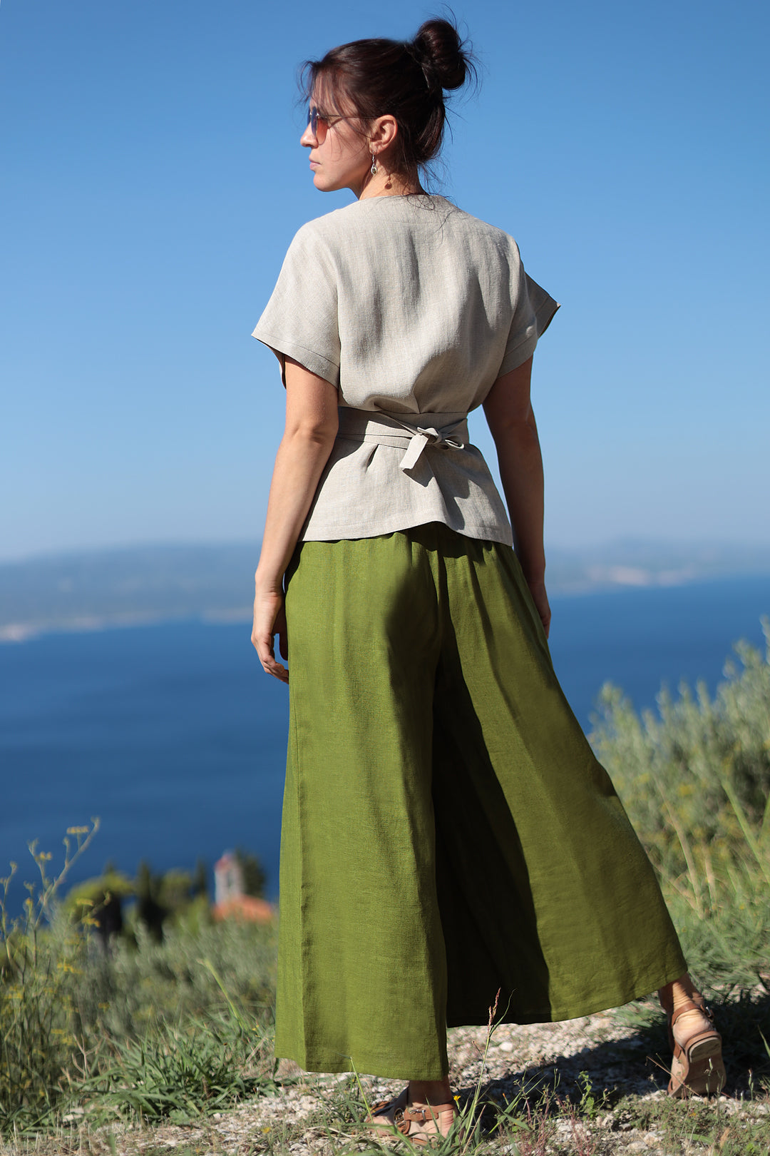Linen wrap blouse with belt