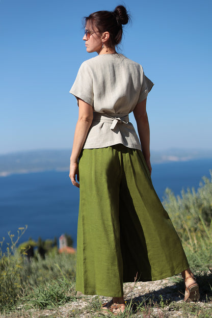 Linen wrap blouse with belt
