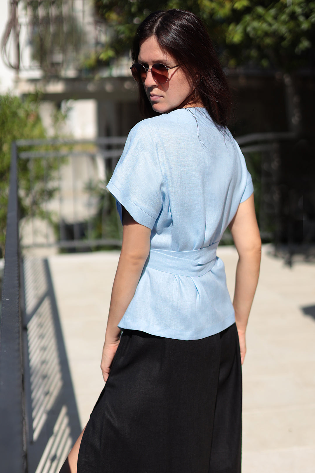 Linen wrap blouse with belt