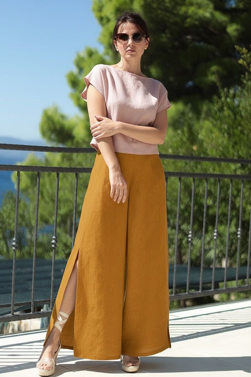 Linen trousers with slits