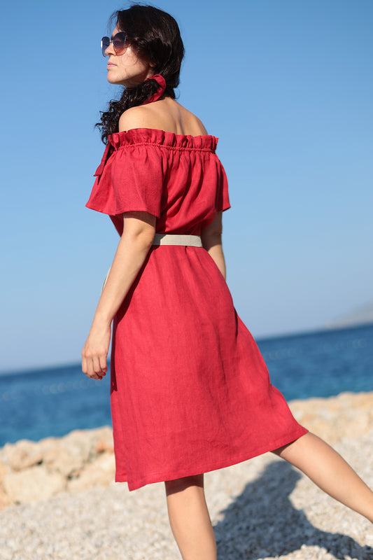 Bohemian linen carmen dress, Premium sustainable fashion Lotika 
