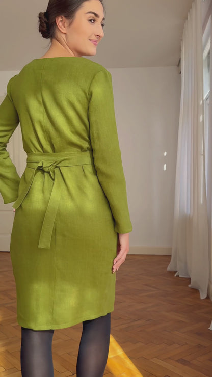 Long sleeve wrap linen dress